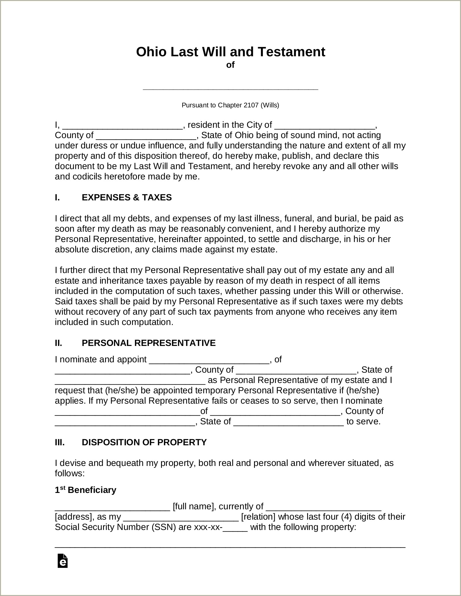 Last Will And Testament Doc Free Template