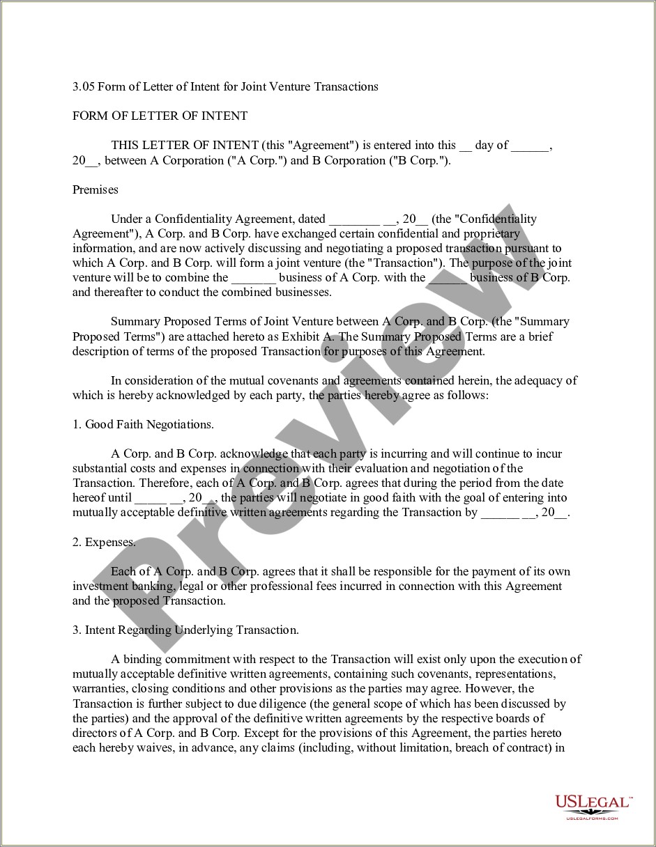 Letter Of Intent Joint Venture Template Free