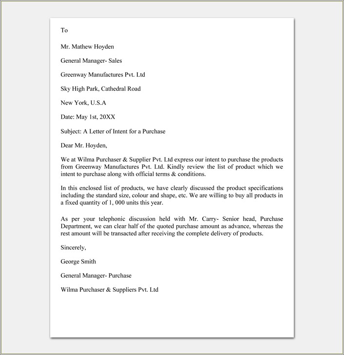 Letter Of Intent To Buy House Template Free