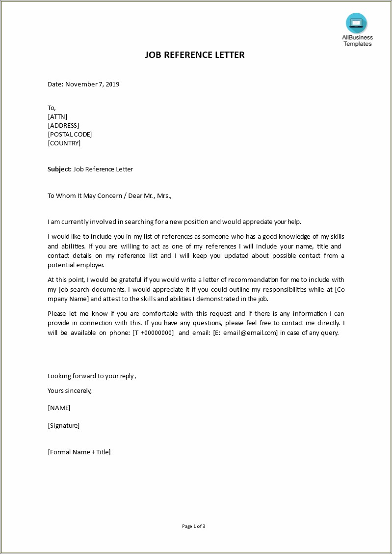 Letter Of Recommendation Template For Job Free