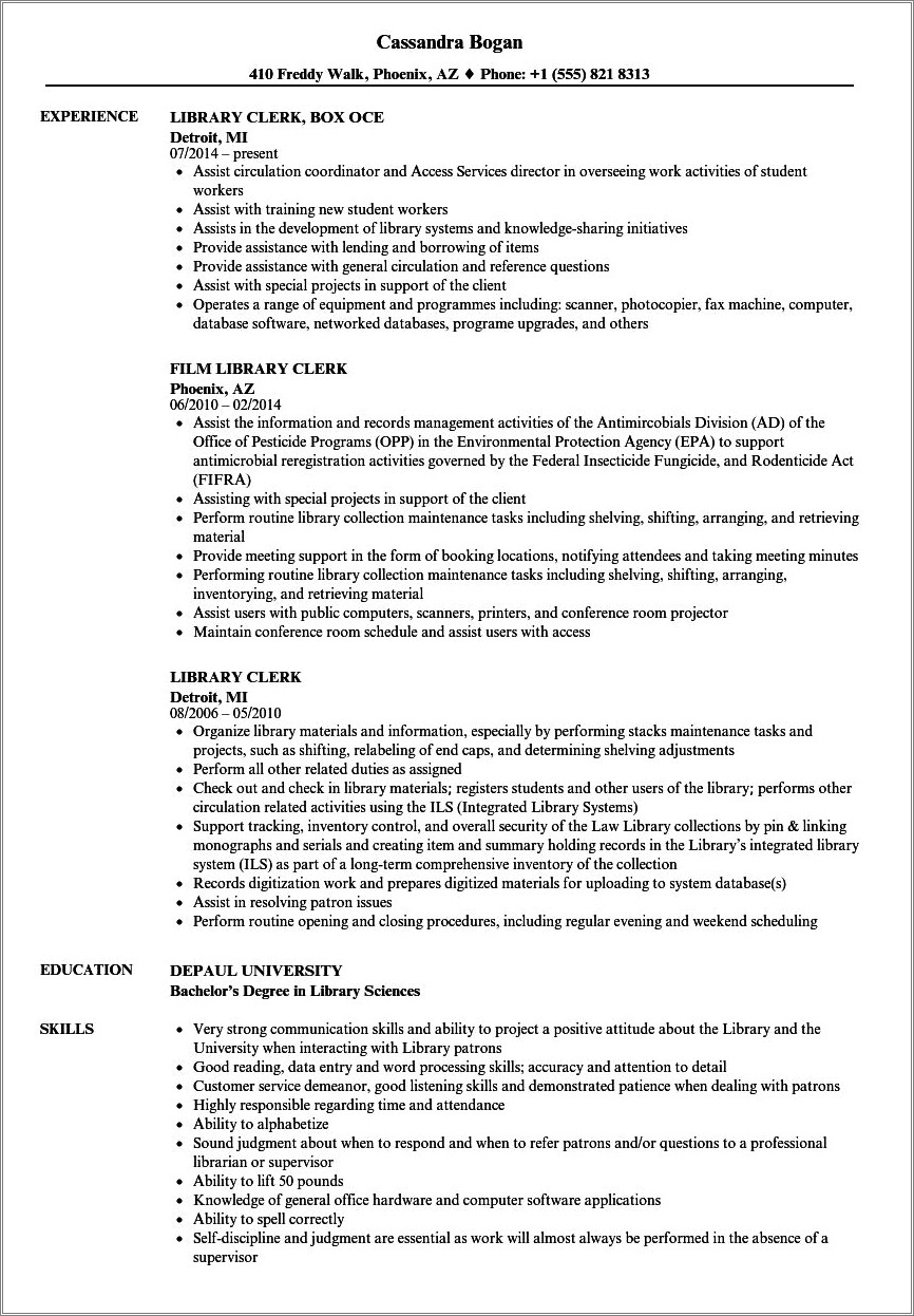 Library Assistant Job Description Resume