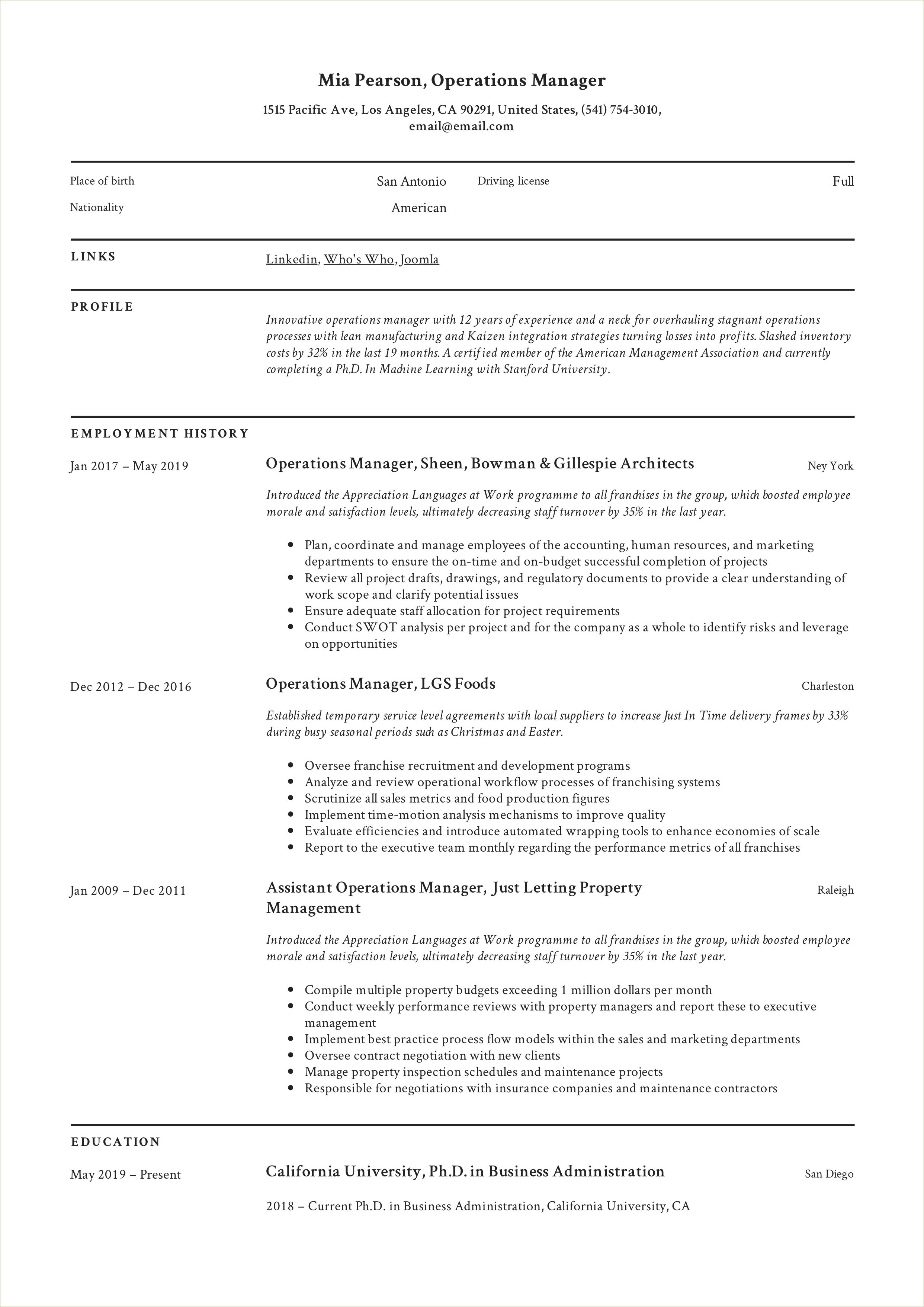 Manufacturing Plant Manager Resume Sample