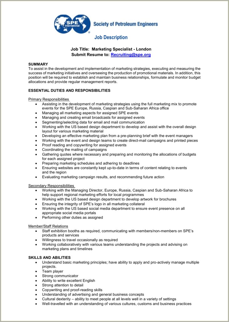 Marketing Specialist Job Description Resume