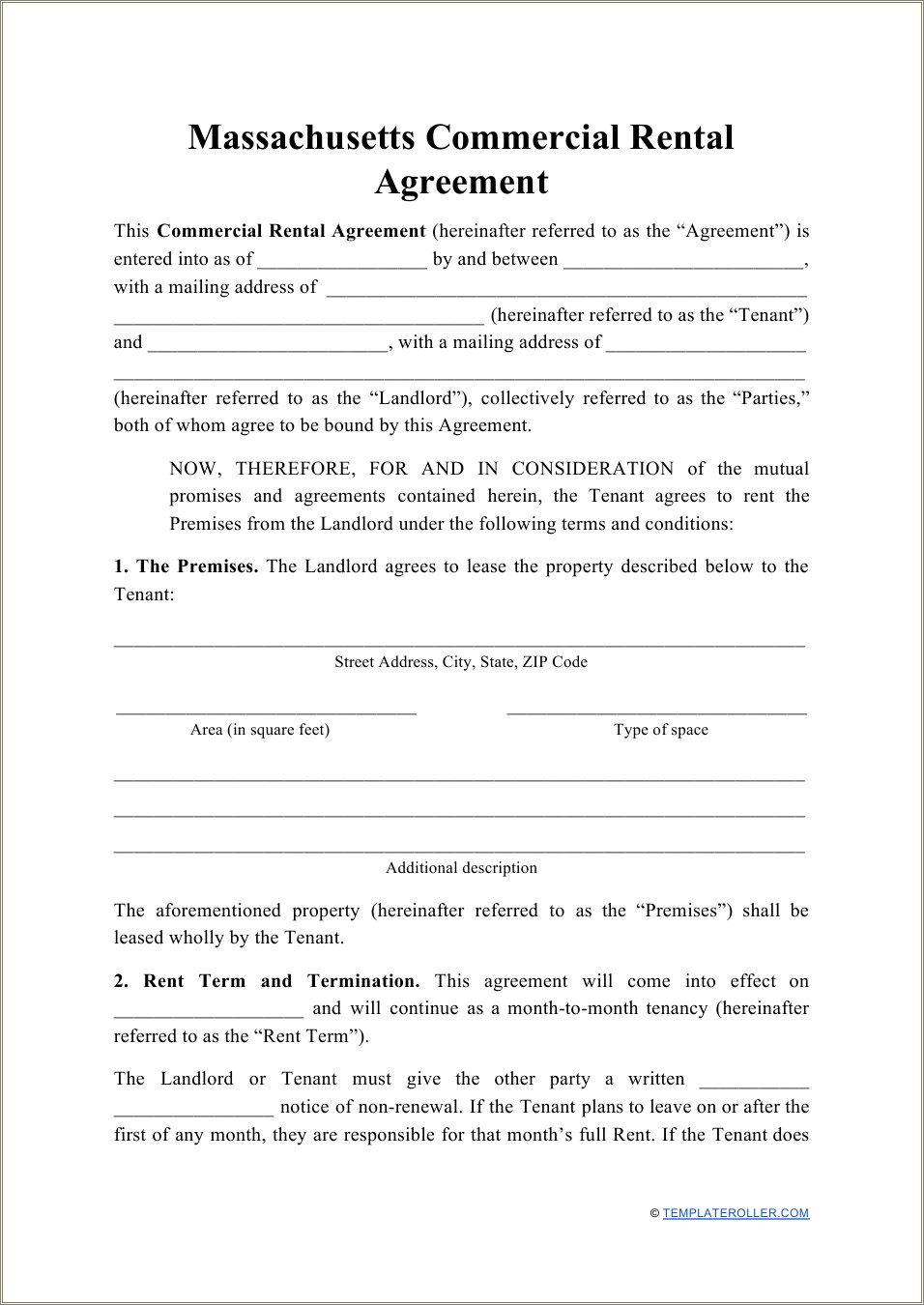 Massachusetts Tenancy At Will Lease Free Template