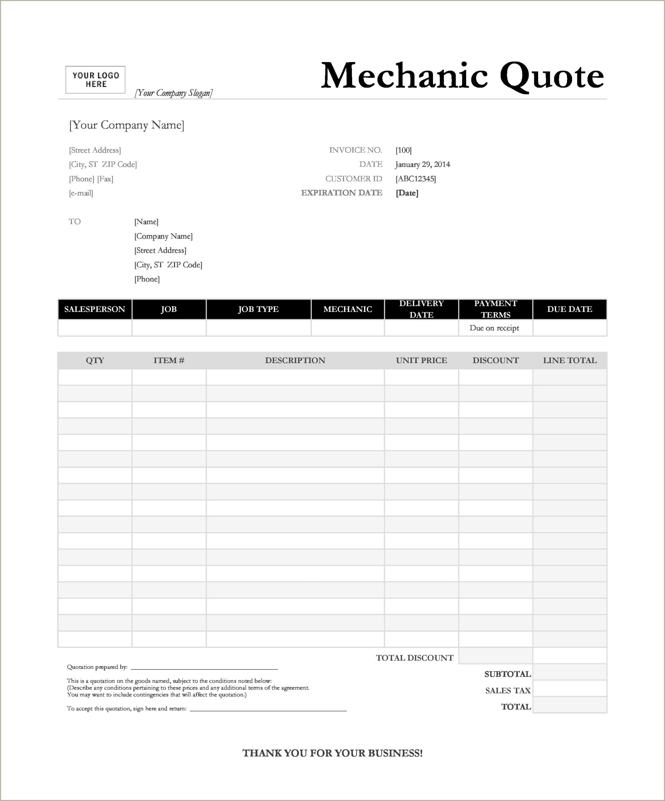 Mechanic Shop Service Order Word Free Template