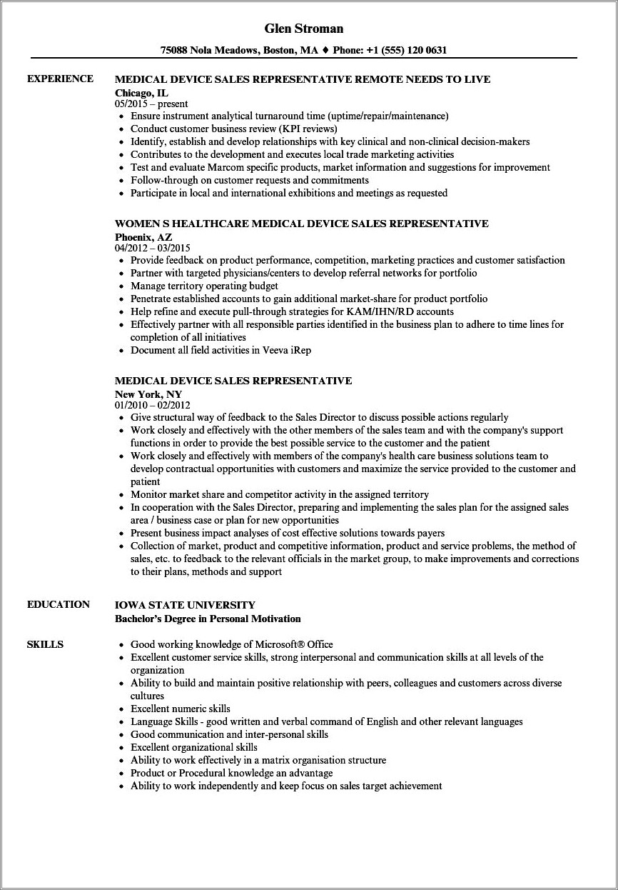 Medical Device Territory Manager Resume