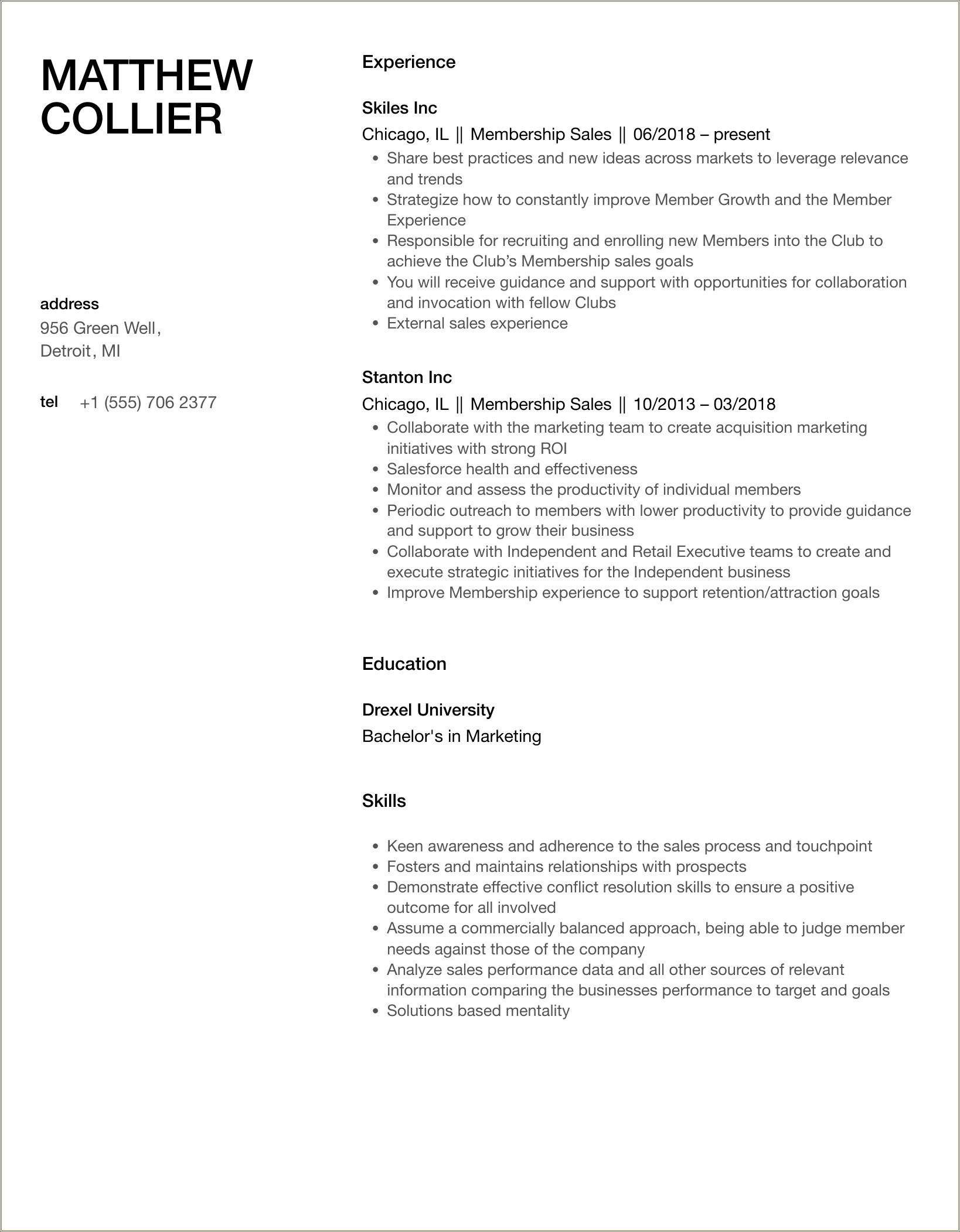 Membership Sales Job Description Resume