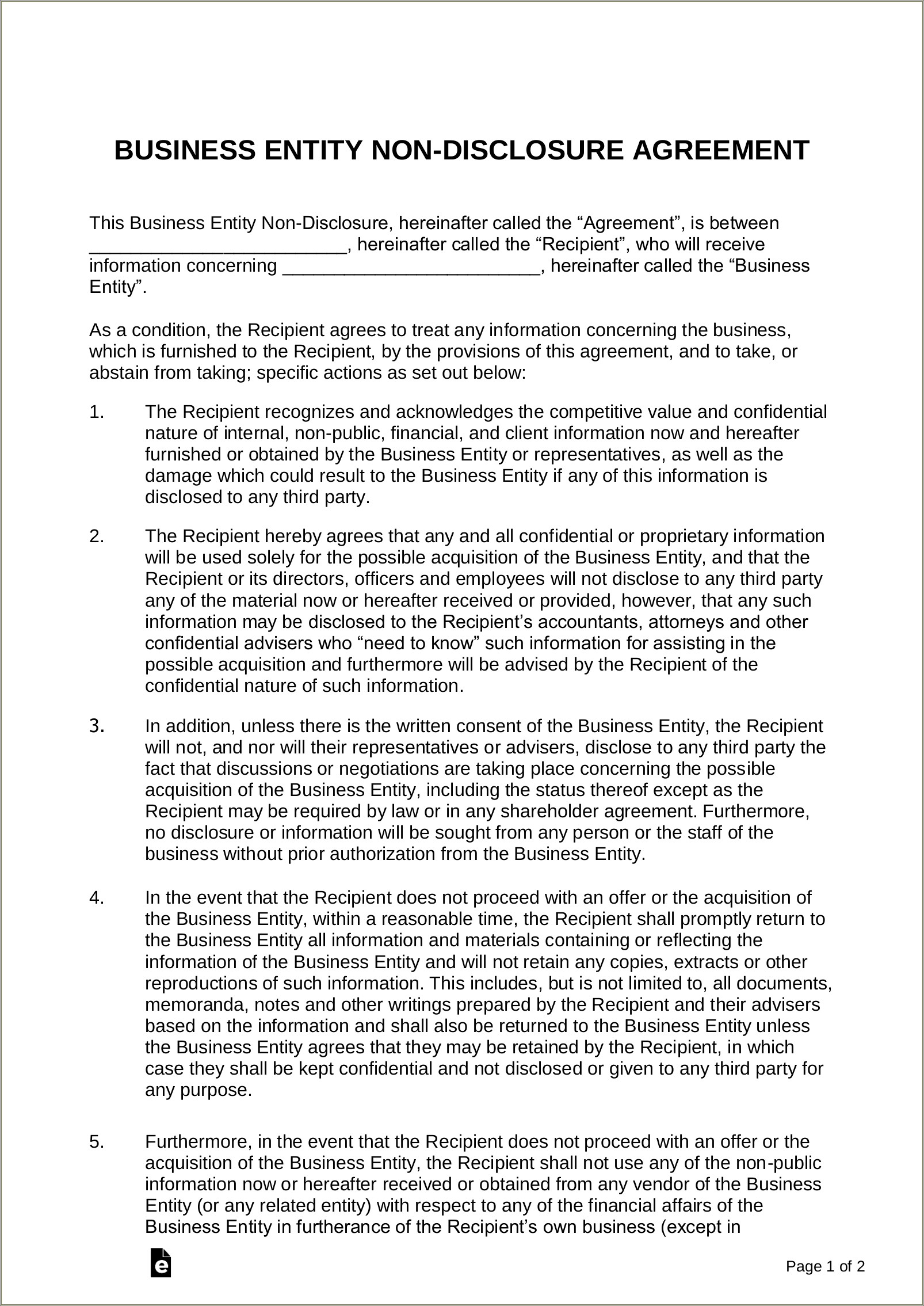 Non Disclosure Confidentiality Agreement Free Template Nz