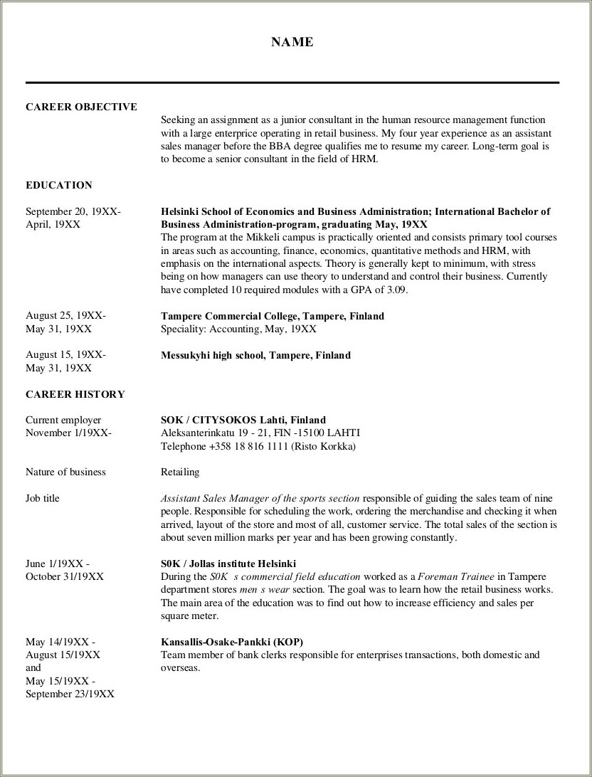 Objective Statement Hr Resume Examples