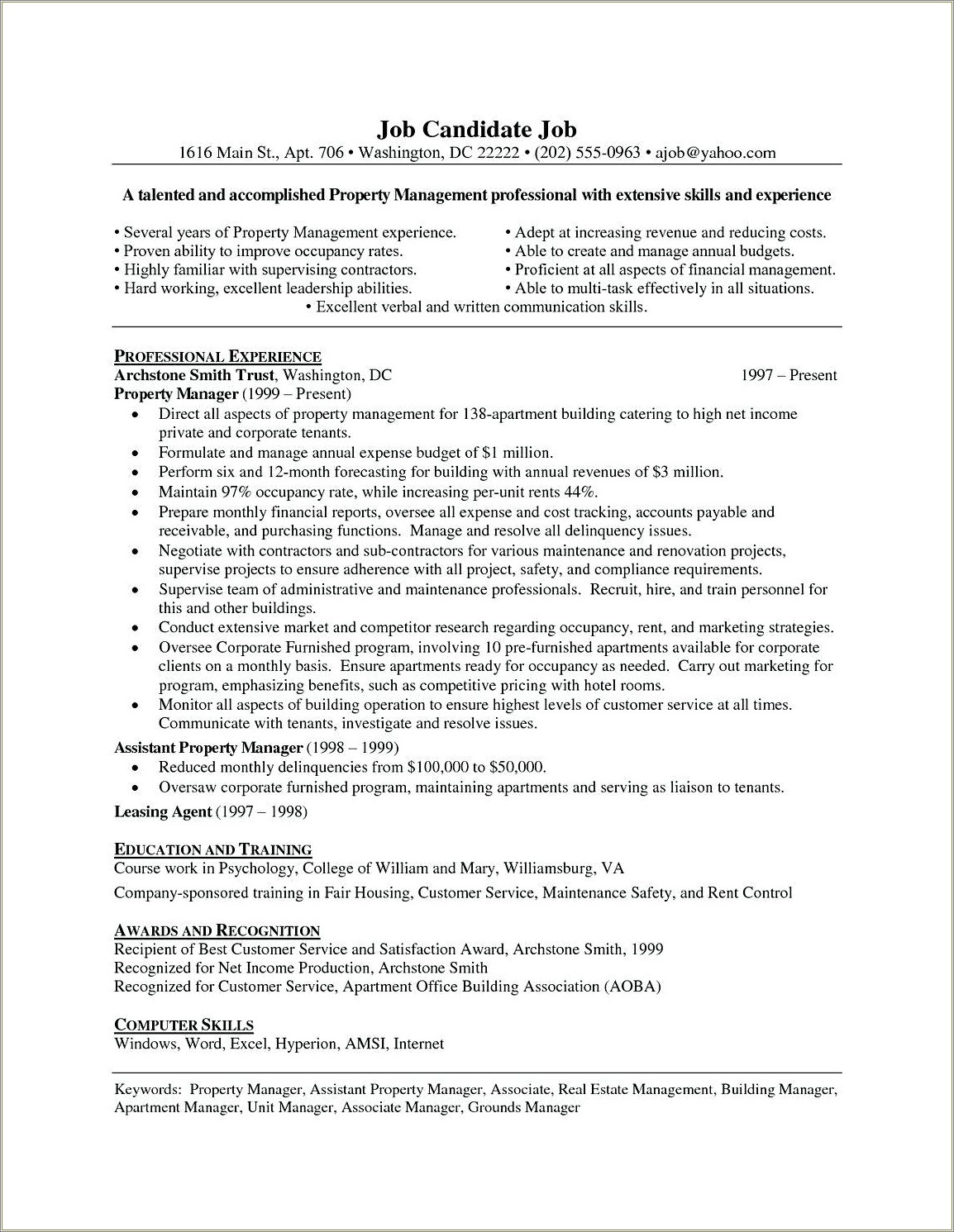 On Site Apartment Manager Resume
