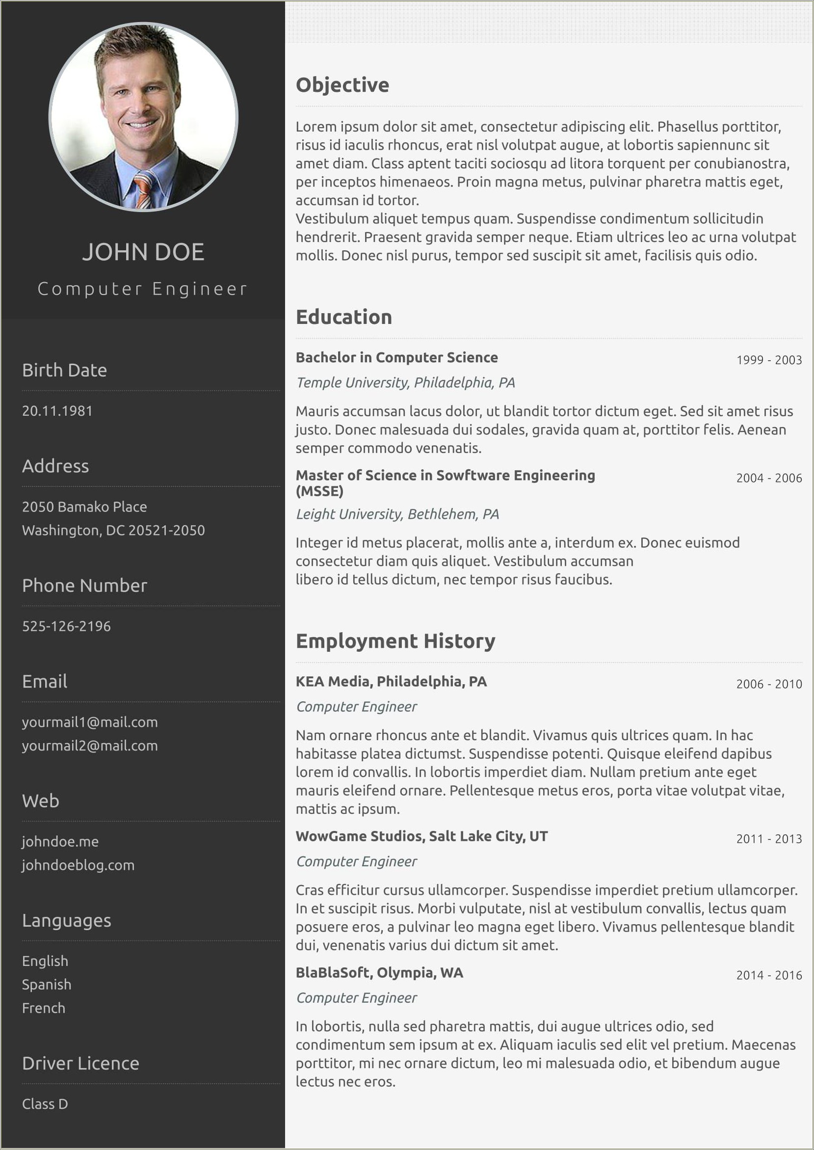 One Page Cv Template Free Download Word