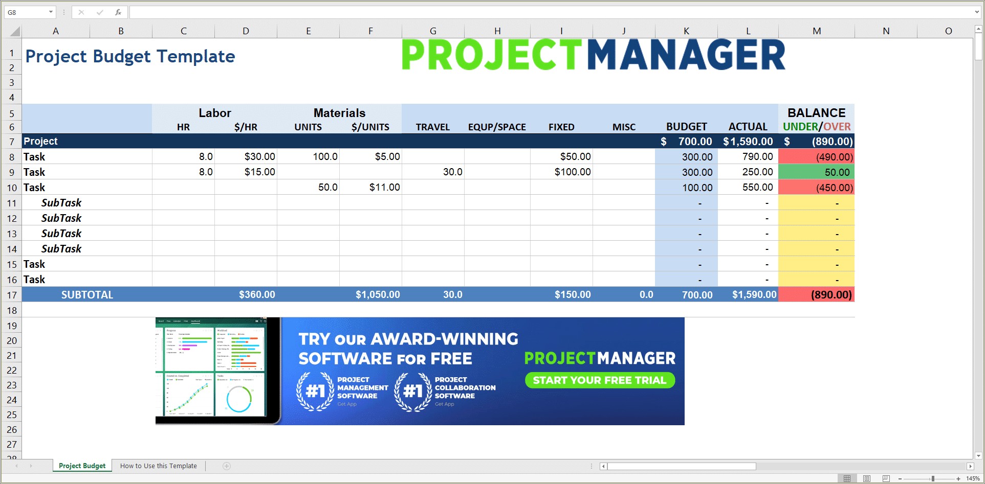 One Page Project Manager Excel Template Free Download