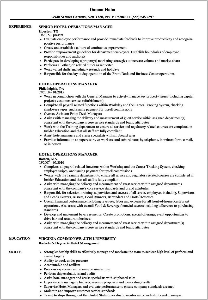 Operations Manager In Tourism Resume