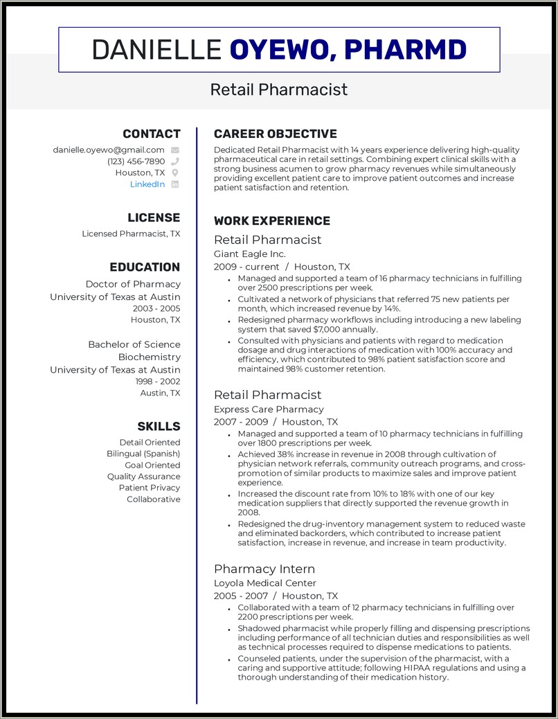 Pharmacist Objective Resume Student Doctor