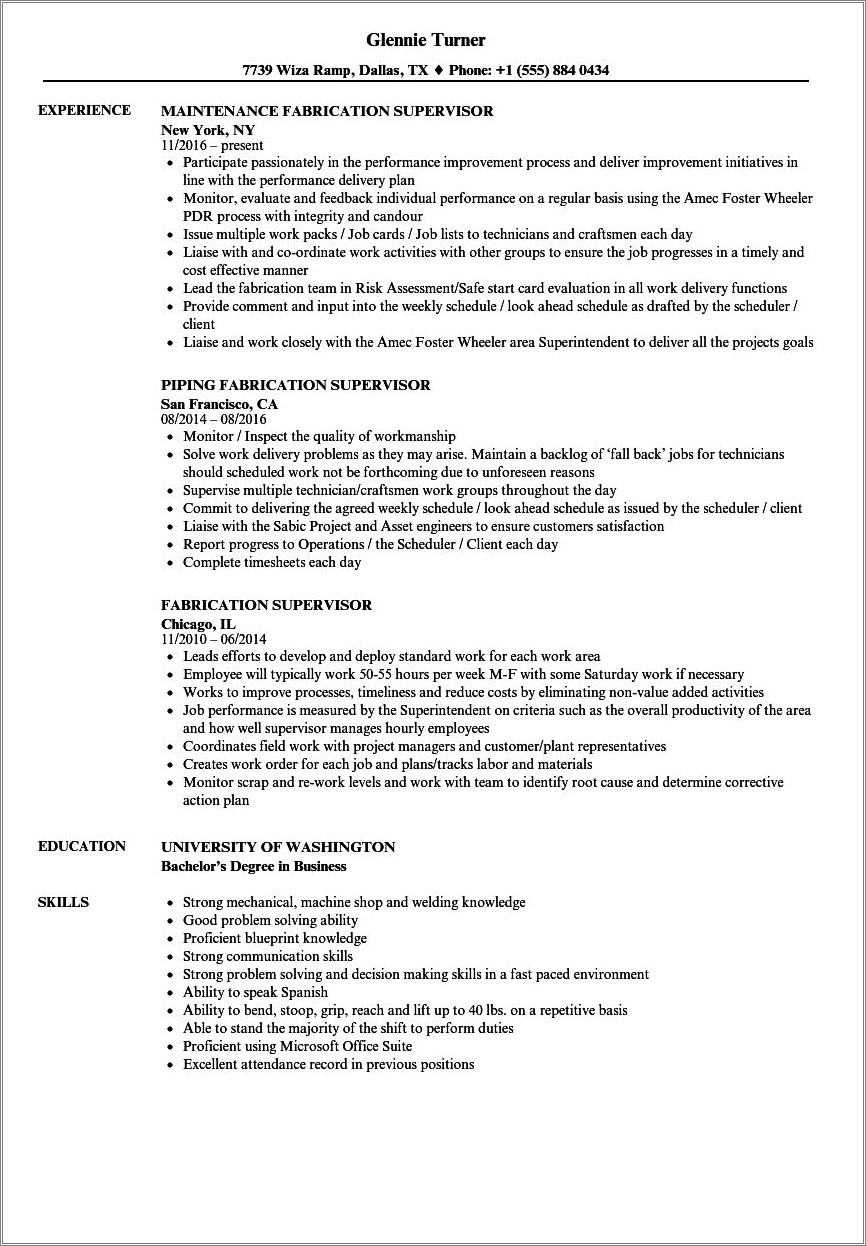 Pipe Fabricator Job Description Resume