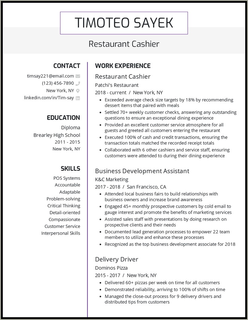 Pizza Cashier Resume Experiece Examples