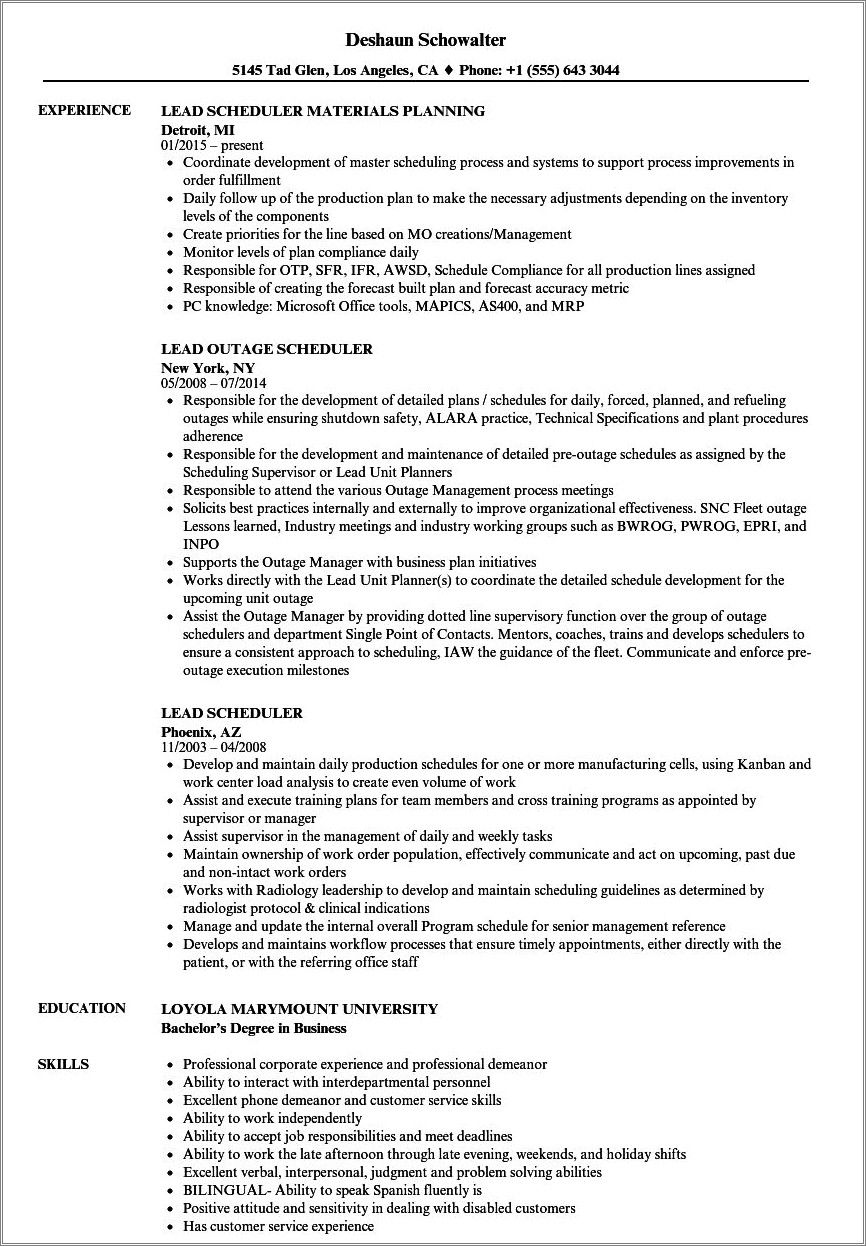 Planner And Scheduler Resume Sample