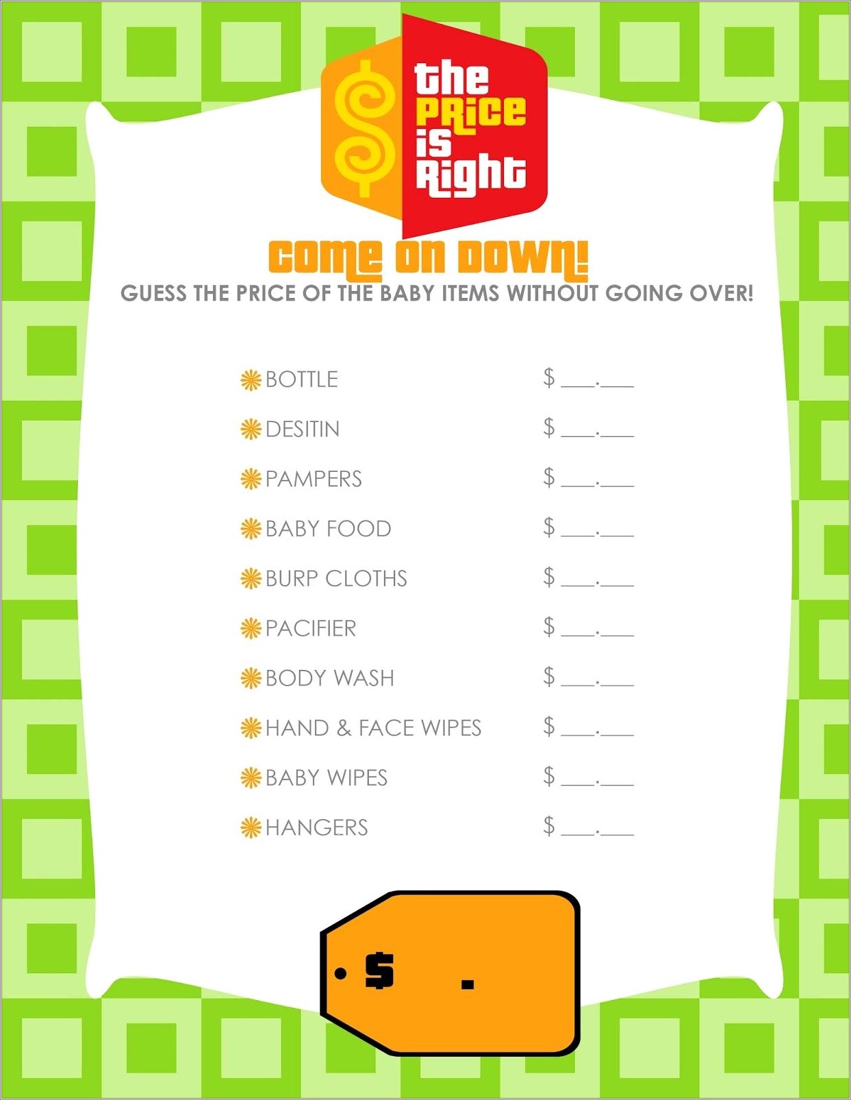 Price Is Right Baby Shower Game Template Free
