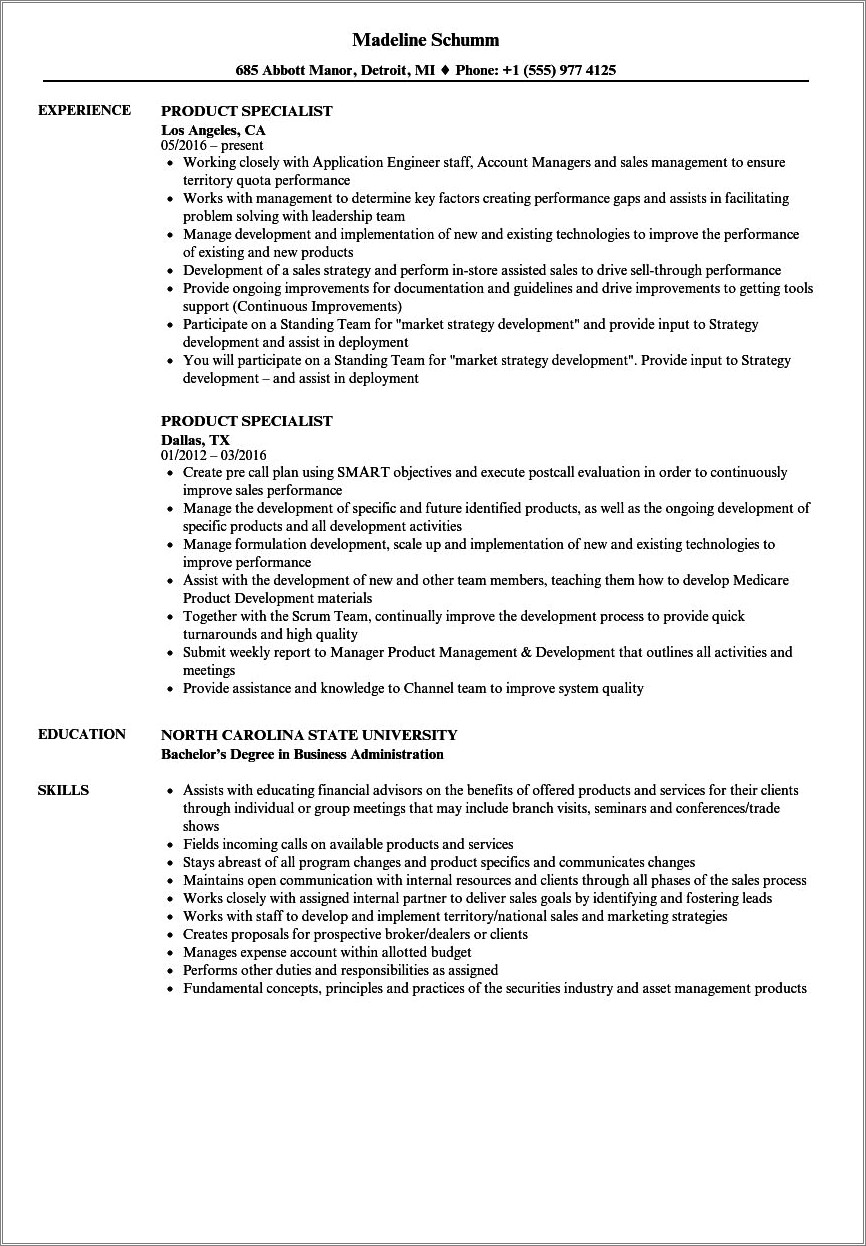 Product Specialist Job Description Resume