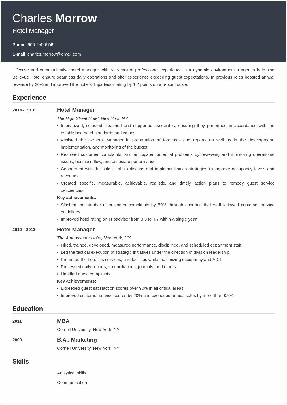 Professional Hotel General Manager Resume