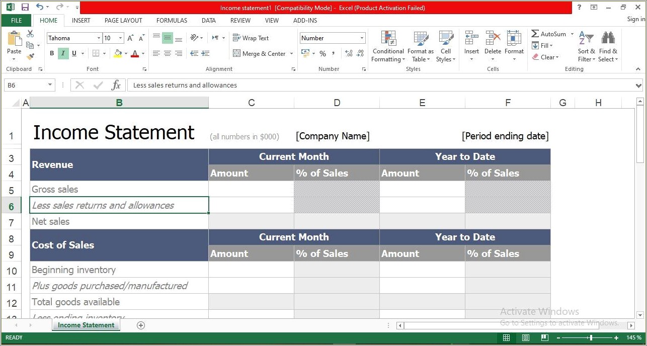 Profit And Loss Statement Excel Template Free