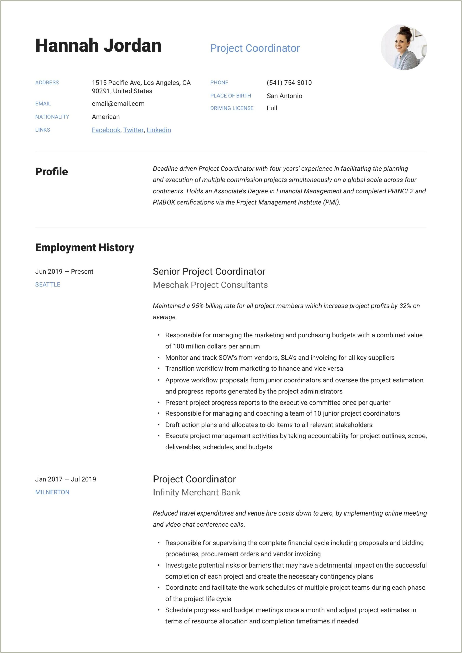 Project Coordinator Resume Job Description