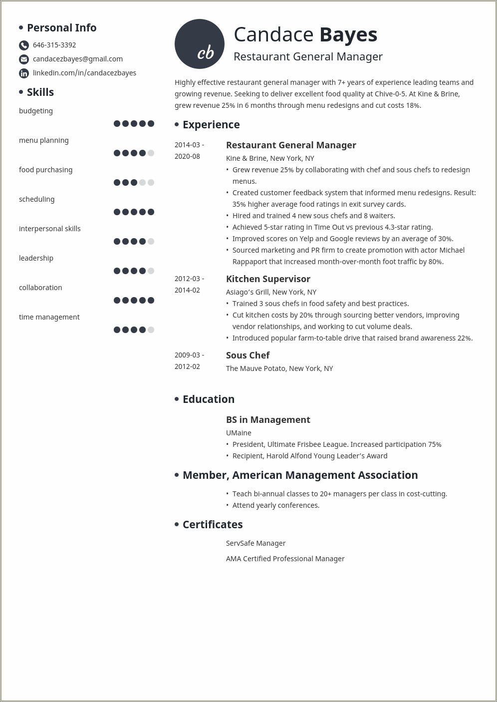 Restaurant General Manager Resume Examples