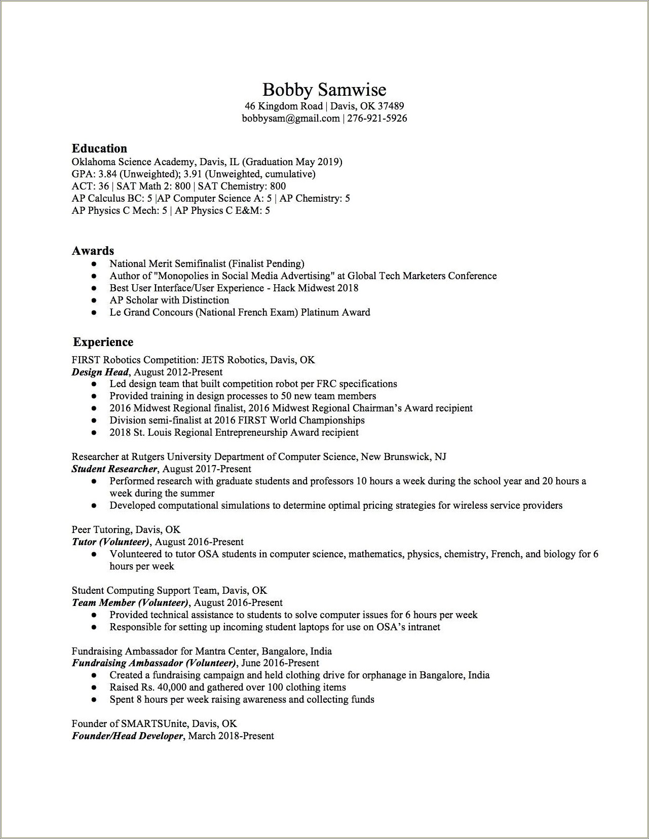 Resume Awards And Achievements Sample