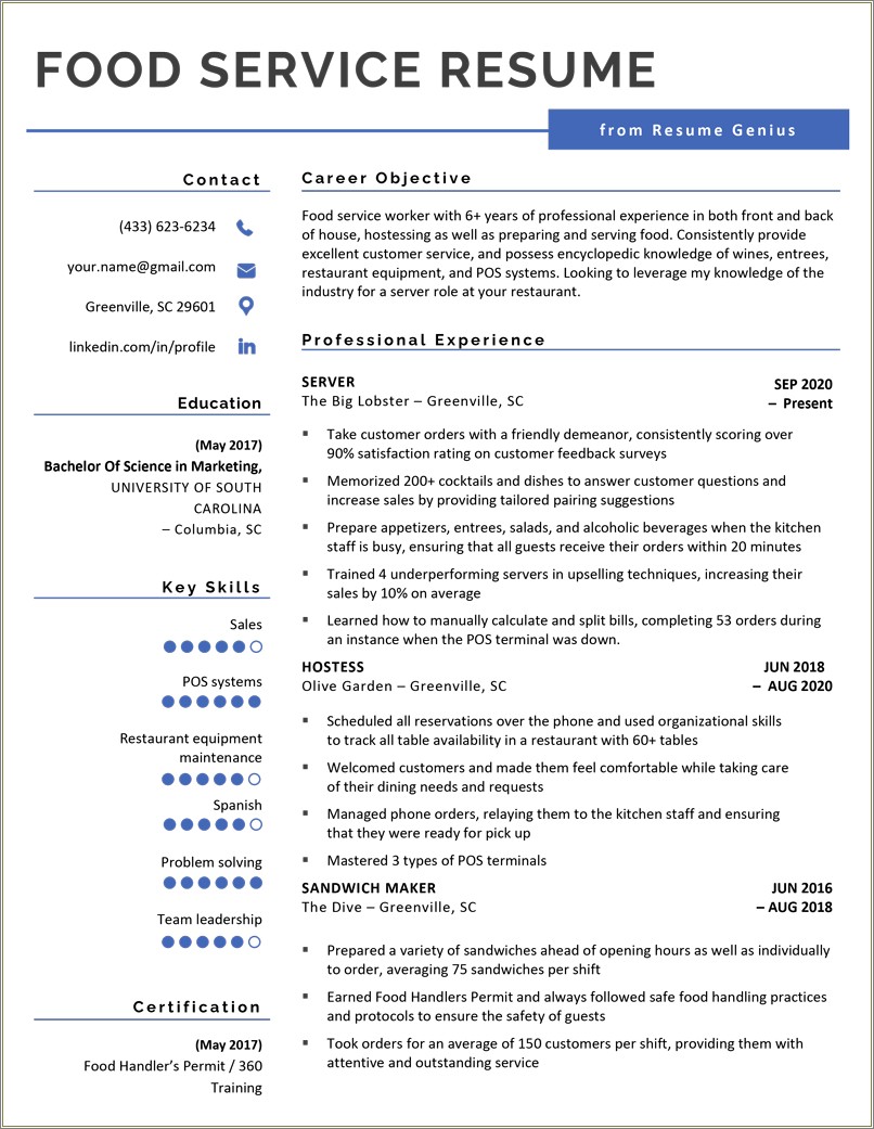 Resume Example For Food Sever