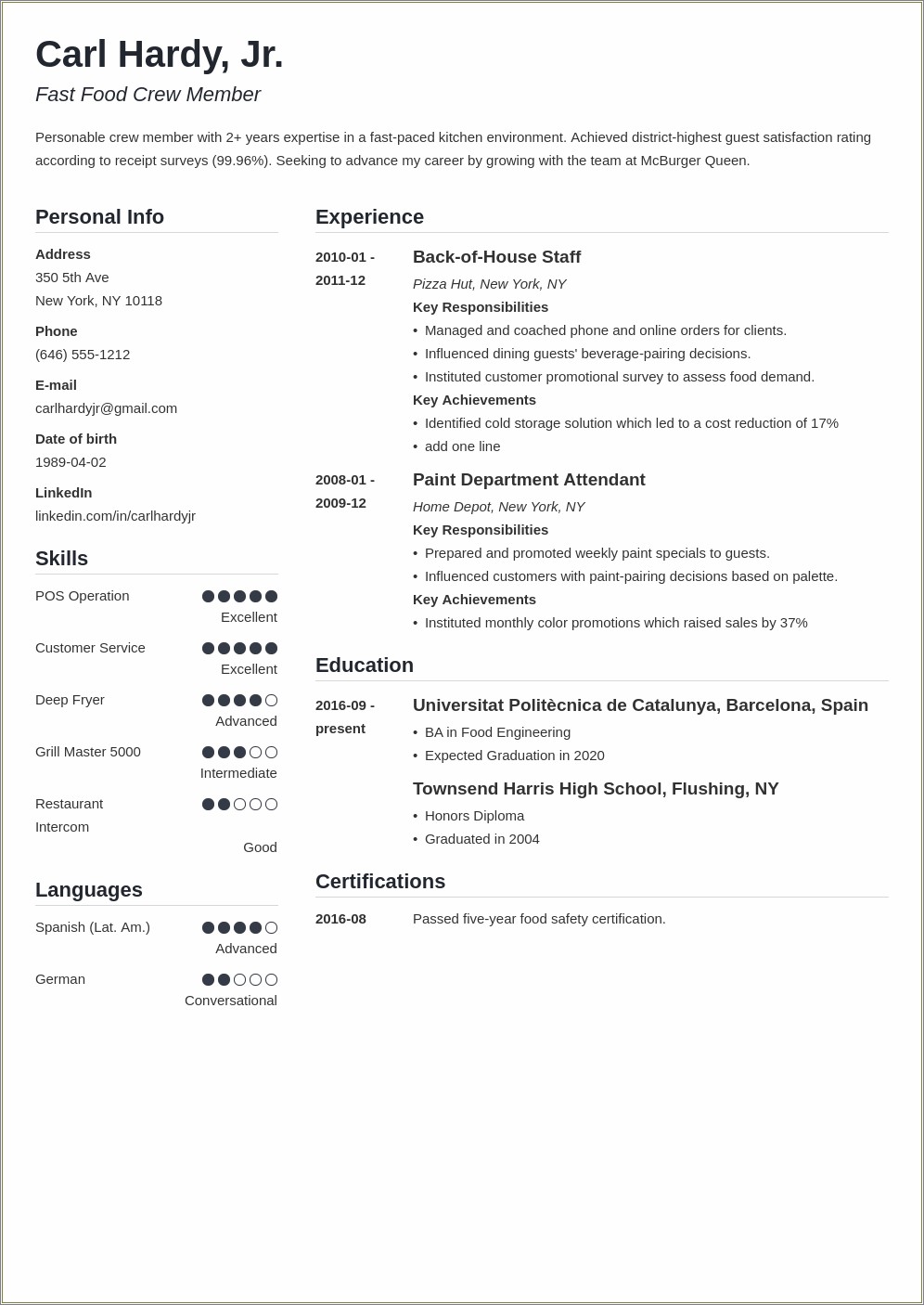 Resume Example For Taco Bell