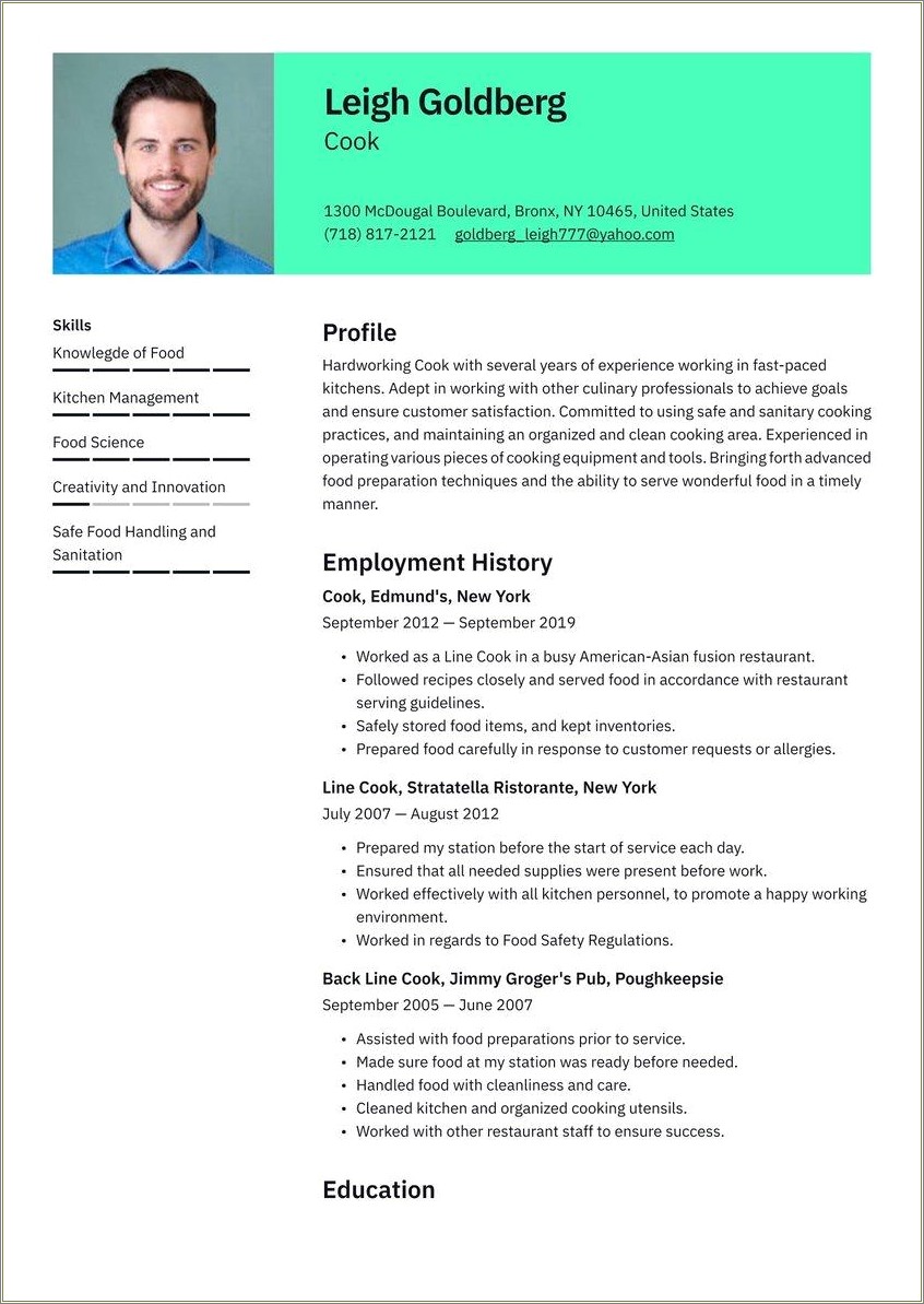 Resume Example Of A Chef