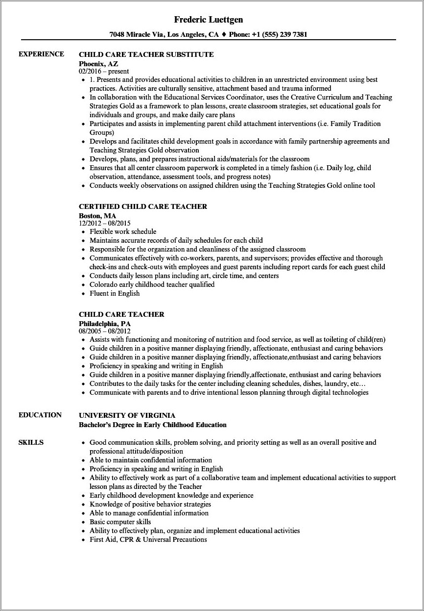 Resume Examples For Daycare Assistant