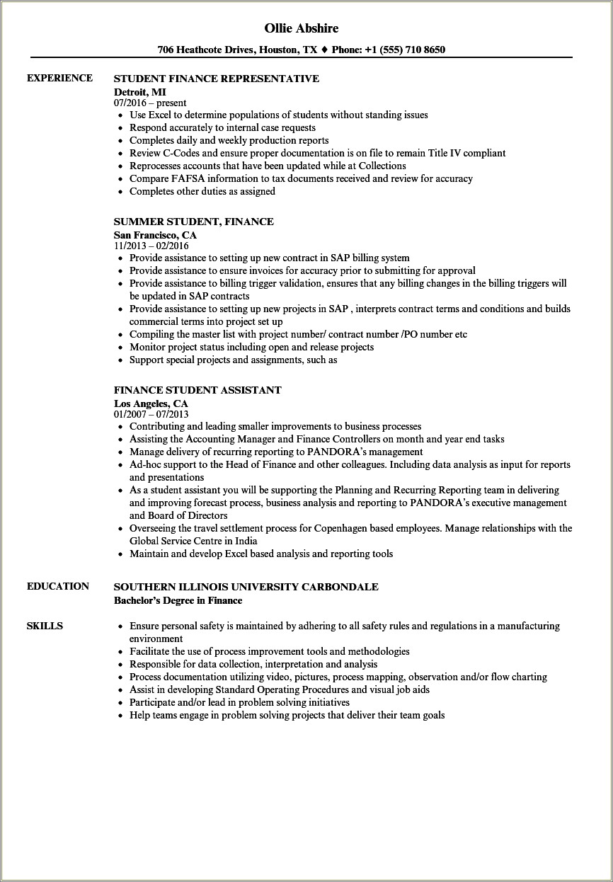 Resume Examples For Finance Jobs