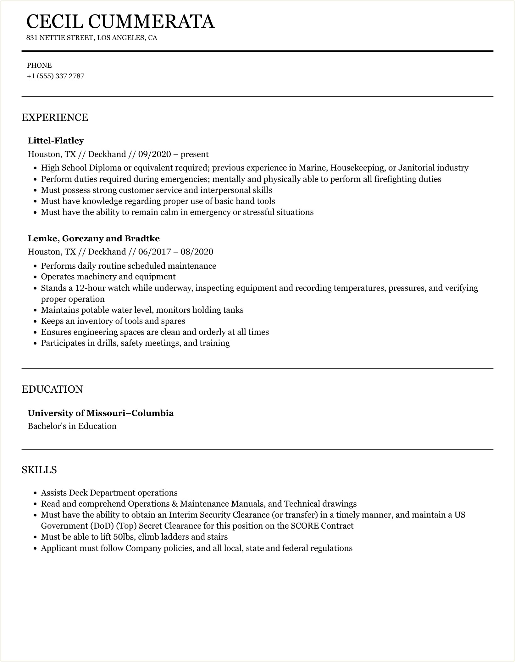 Resume Examples For Lagoon Deckhand