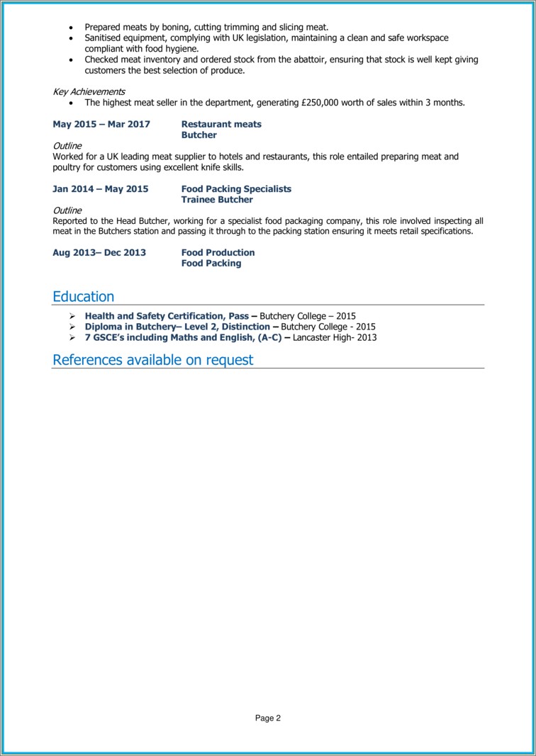 Resume Examples For Meat Cutter