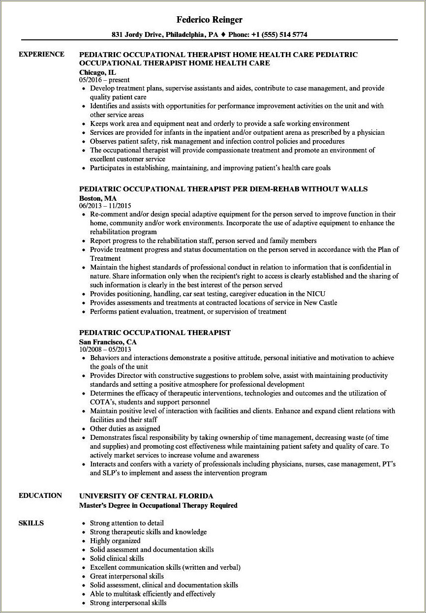 Resume Examples For Occupational Therapy