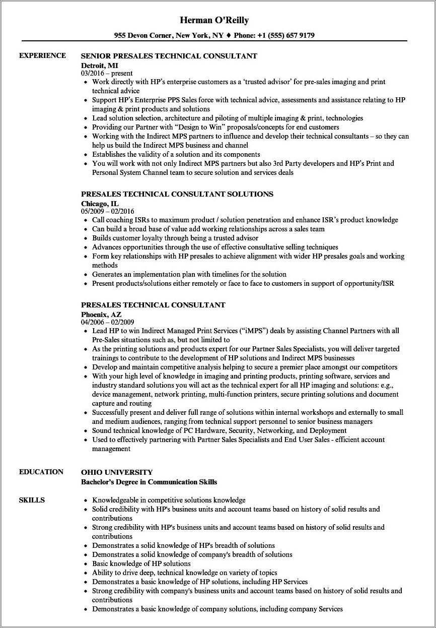 Resume Examples For Pre Sales