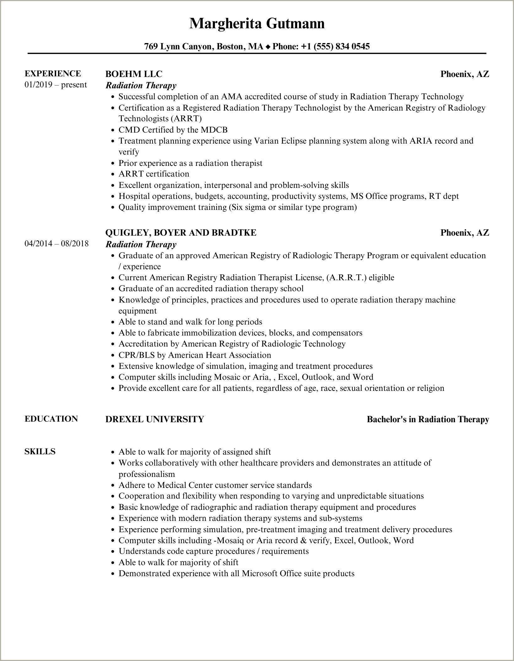 Resume Examples For Radiation Therapist