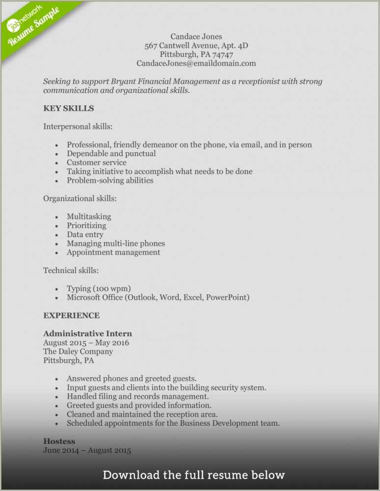 Resume Examples For Receptionist Skills