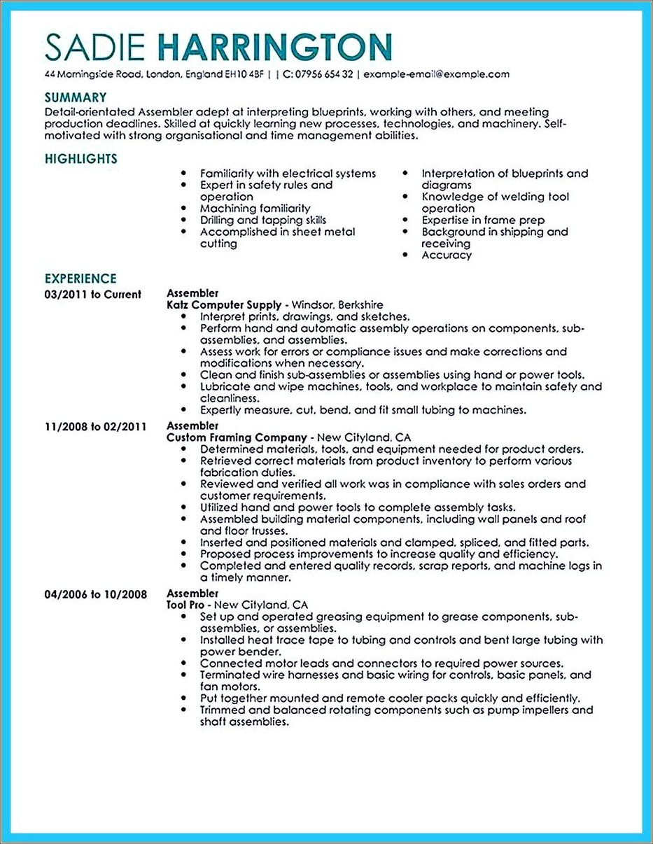 Resume Examples For Skillsassembly Worker