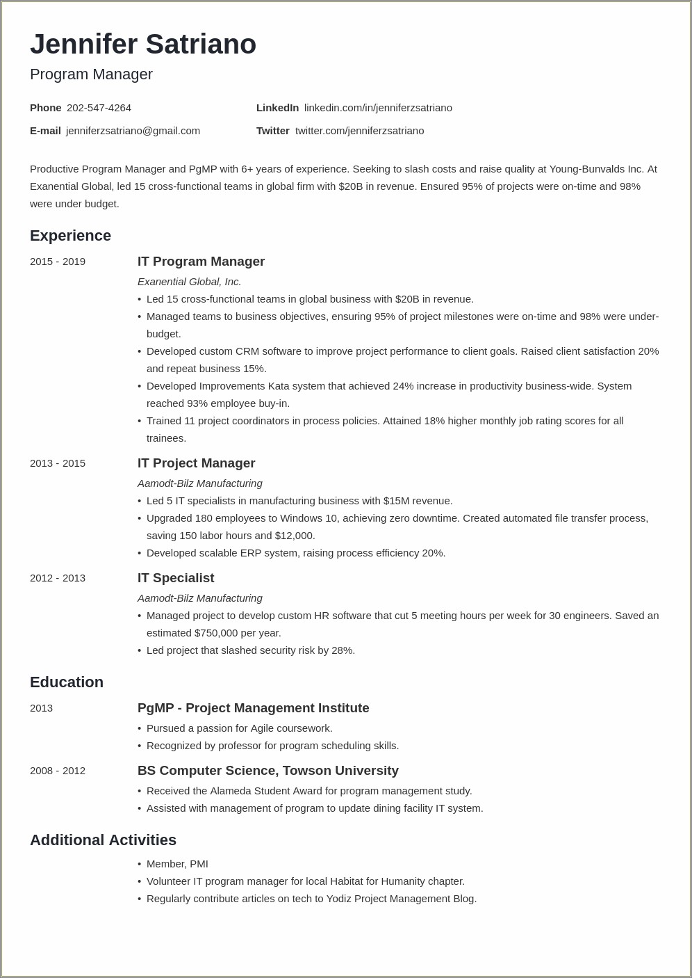 Resume Examples Project Manager 2019