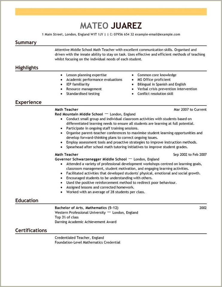 Resume Executive Summary Example Teacher