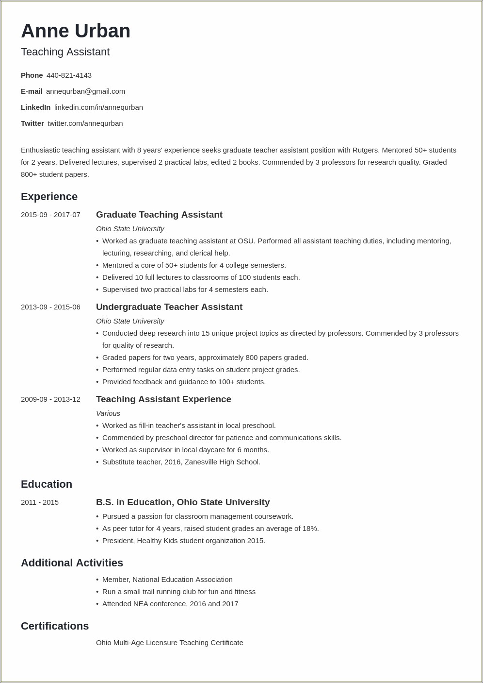 Resume For Graduate Assistantship Objective