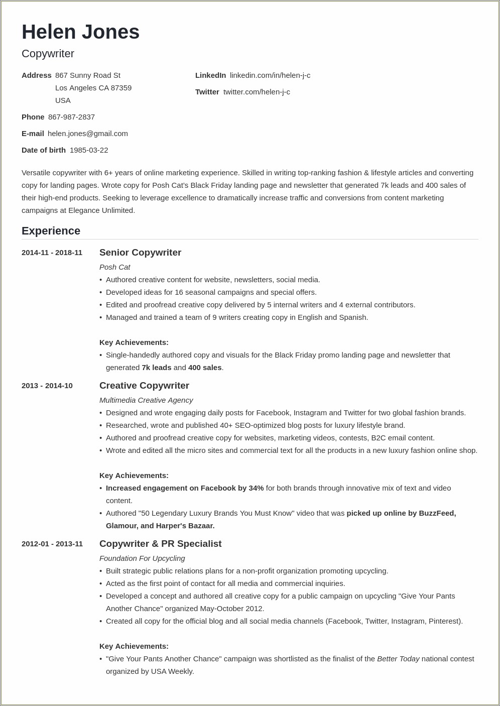 Resume Format For Writing Job