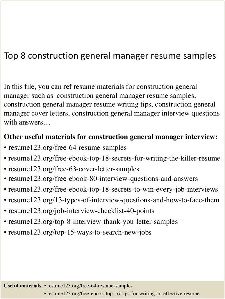 Resume General Manager Construction Company