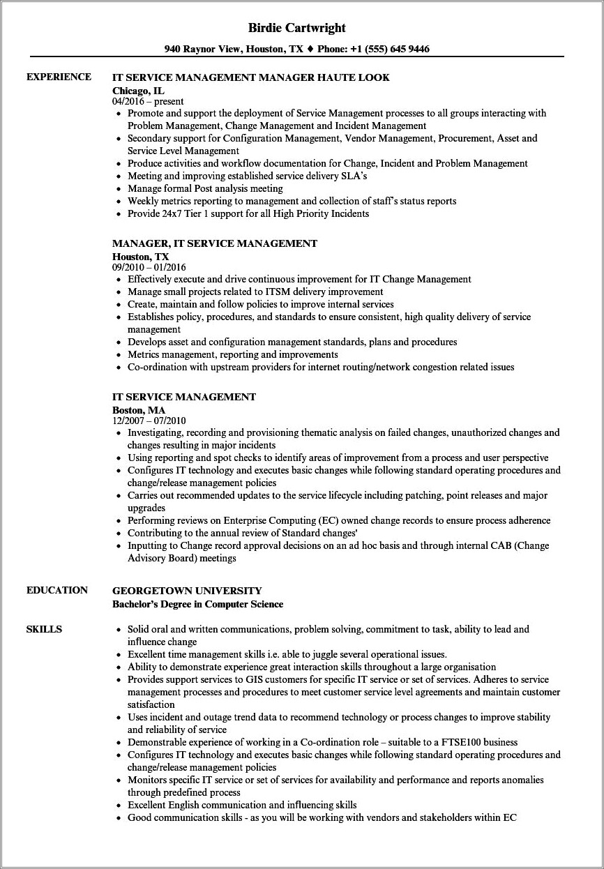 Resume Information Technology Service Manager