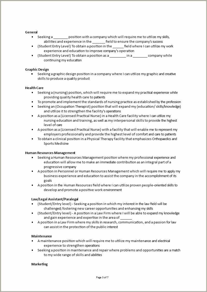 Resume Objective Example For Marketing