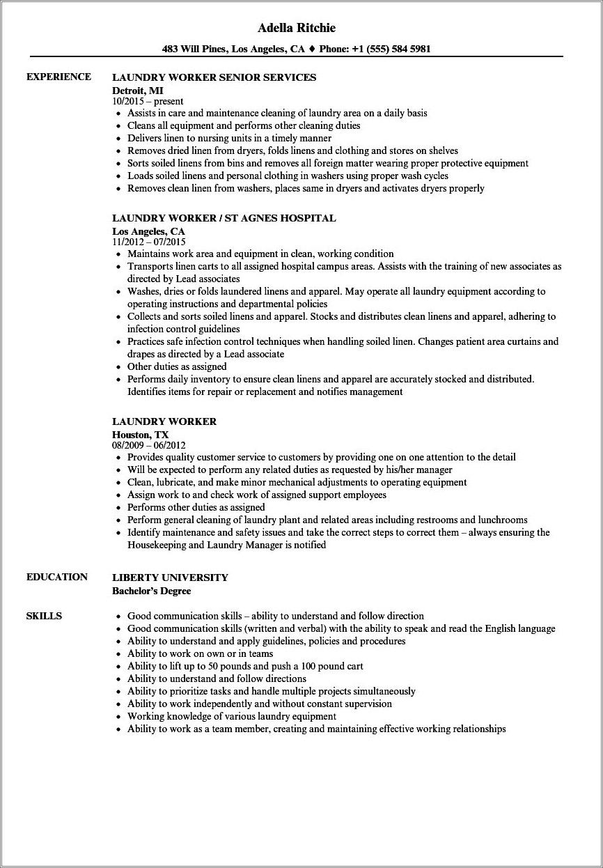 Resume Objective For Laundry Worker