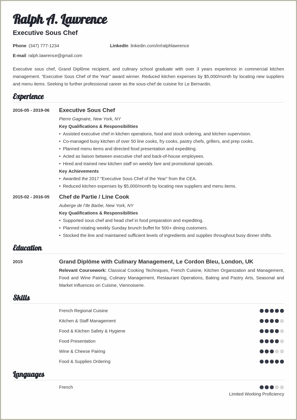 Resume Objective Statement For Chef