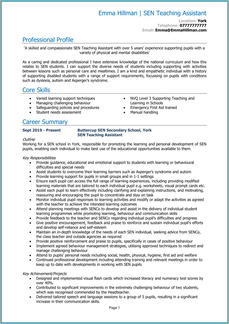 Resume Personal Statement Examples Teacher
